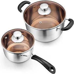 P&P CHEF 2QT Saucepan & 3QT Stockpot with Lid, 18/10 Stainless Steel Pot Set, Small Cooking Pot for Kitchen Boiling Stewing, Dishwasher Safe & Heat-proof Handle