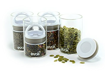 SET OF 4 EVAK MINI- Best PREMIUM Airtight Storage Container for Coffee Beans, Tea and Dry Goods - EVAK - Innovation that Works by Prepara, Glass and Stainless, Compact Handle, Mini (White Gloss)