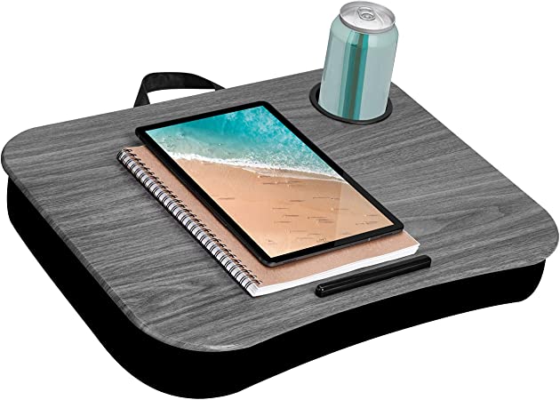 LapGear Cup Holder Lap Desk with Device Ledge - Gray Woodgrain - Fits up to 15.6 Inch Laptops - Style No. 46325
