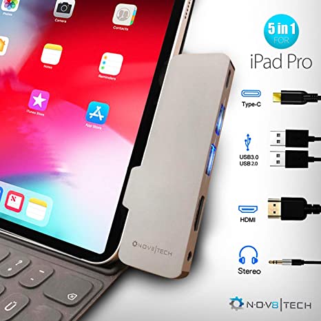 NOV8Tech USB C Hub for iPad Pro, 4K HDMI Dongle Adapter for iPad Pro 11"/12.9" 2018-2019 5-in-1 Docking Station with USB C 100W PD Charger, USB 3.0, USB 2.0, 3.5mm Headphone Jack (5in1 Space Gray)