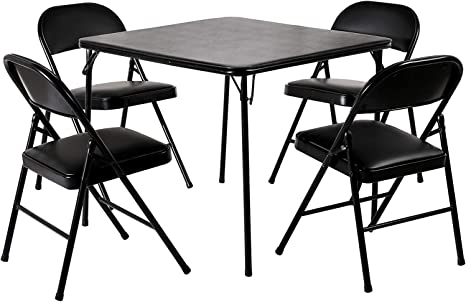 VECELO Folding Table & 4 Padded Chairs Set Portable & No Assembly Required, 5 Pieces, Black