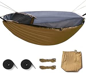 FREE SOLDIER Camping Tactical Hanging Hammock Tarp Kit-2 Person Lightweight Waterproof Portable Swing with Mosquito Net Rain Flies Tent Plane 2X Hanging Straps for Hiking (Brown, 282cm*103cm)