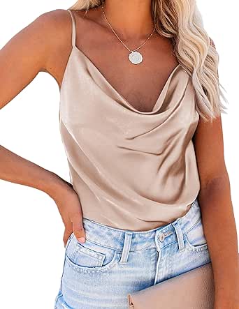 Ekouaer Satin Cowl Neck Tank Top Women Silk Camisole Champagne Sleeveless Basic Blouse S