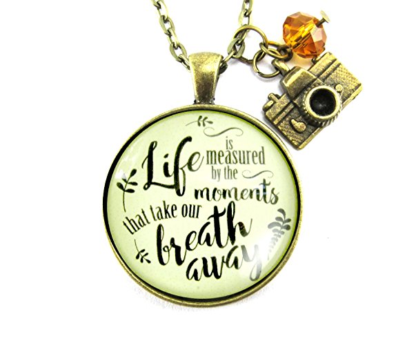 Life is Measured by Moments That Take Our Breath Away Necklace Quote Jewelry, 1.20" Vintage Style Circle Glass Pendant Camera Charm Custom Chain