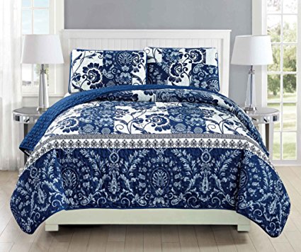 Mk Collection 3pc Bedspread coverlet quilted Floral Beige Navy Blue Over Size New #186 Full/Queen