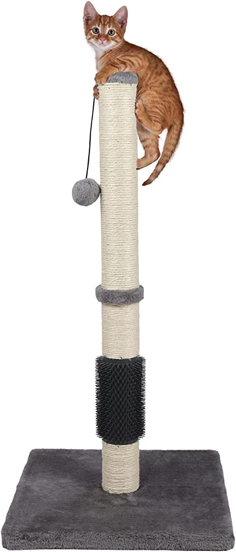 ANWA Tall Cat Scratching Posts for Indoor Cats and Kittens, Premium Sisal Cat Scratching Post with Dangling Plush Ball and Self-Grooming Brush, 32” Vertical Scratching Post with Reinforced Base