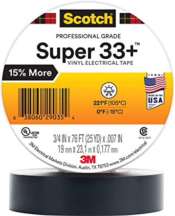 3M Scotch Super 33  Premium Grade All-Weather Vinyl Electrical Tape, 3/4 in x 76 ft, Long Roll, 1 in Core, Black, 10 Roll Pack