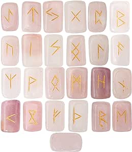 Crocon Rose quartz rectangle shape gemstone runes with Elder Futhark Alphabet Engraved |25 pcs rune set | Crystal Divination metaphysical Healing Chakra Reiki with a pouch| Size : 20-25mm