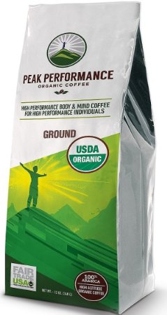 Peak Performance High Altitude Organic Coffee. High Performance Body & Mind Coffee For High Performance Individuals. No Pesticides, Fair Trade, GMO Free, And Beans Full Of Antioxidants! Ground Coffee