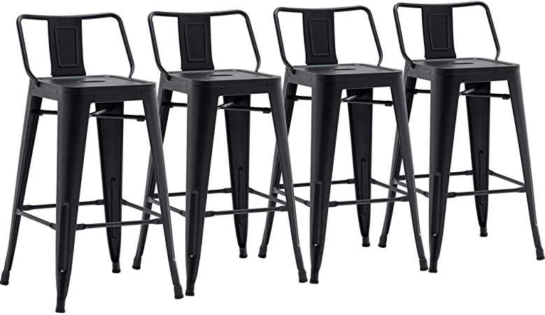 Yongchuang Metal Bar Stools with Back Indoor Outdoor Kitchen Stools Counter Height Barstools Set of 4 (24" Seat Height, Low Back Matte Black)
