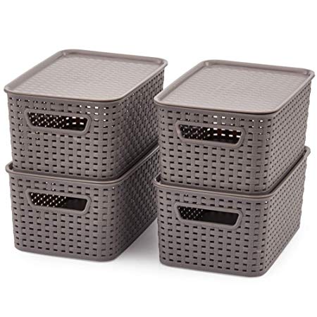 EZOWare Small Gray Plastic Knit Shelf Stackable Storage Containers Baskets with Lids Perfect for Storing Small Household Items - Pack of 4 (11 x 7.3 x 5.1 inch)