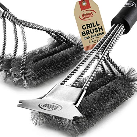 Kaluns Grill Brush and Scraper, Best Safe BBQ Cleaner, Includes Two Brush Heads, one Removable 18" Long Handle, Stainless Steel Durable Wire Bristles, Cleaning Tool for All Barbeques Including Weber