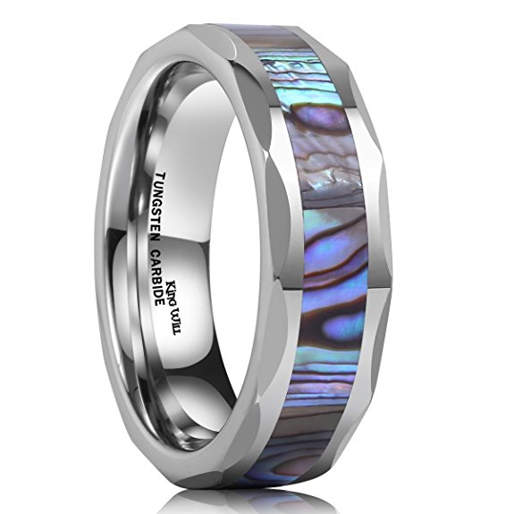 King Will NATURE 6mm Silver Tungsten Carbide Ring Unisex Wedding Band Abalone Shell Inlay Faceted Edges