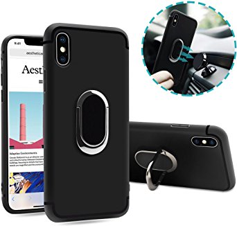 Mckbane for iPhone X Case with Electroplated Metal Kickstand 360 °Rotating Ring Premium TPU   PC Protection Cover Compatible with Magnetic Car Mount for iPhone X - Black (Soft)