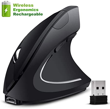 Ergonomic Vertical Optical Mouse, Senli Upgraded Rechargeable Wireless Vertical Mouse 2.4G Optical Mouse with 6 Buttons 800/1200/1600 DPI Levels, for Laptop, Desktop, PC, MacBook, Notebook