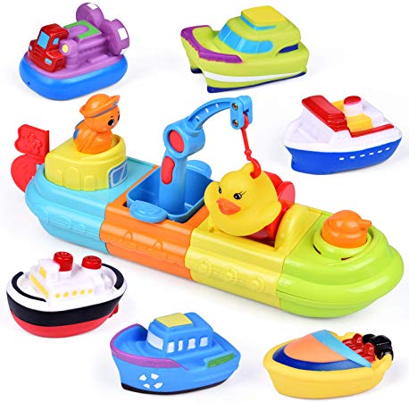 FunLittleToy Baby Bath Toys, 7 PCs Toy Boats Include One Big Wind Up Bath Boat and 6 Bath Squirters Toy Boats, Birthday Gifts for Boys & Girls