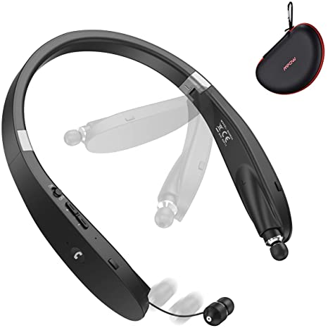 Bluetooth Headphones, Mpow Wings Foldable Wireless Neckband Headset W/Retractable Earbuds, V5.0 Bluetooth Headset Neckband, 20H Playtime, cVc6.0 Noise Cancelling Mic, Carry Case for Home Office, Black