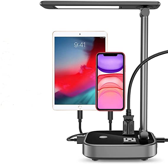 Desk Lamp USB Charger Station Eye-Protection Table Light with Ac Outlet Electric Adapter Power Socket Extension Cord Plug in Bedside Brightness Levels for Life Home Hotel Office Bedroom Living room Reading Work Study School College Affiliates (Black)