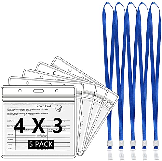 Maibtkey 5 Pack CDC Vaccination Card Protector with Lanyards, 4 X 3" Waterproof Immunization Record Vaccine Card Holder, Plastic Clear ID Card Holder Name Tags Badge Holders with Resealable Zip