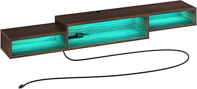 Rolanstar Floating TV Stand with Power Outlet & LED Light, 71" Wall Mounted Entertainment Center with Storage, Media Console Shelf for Living Room, Bedroom, Under TV Shelf, Walnut