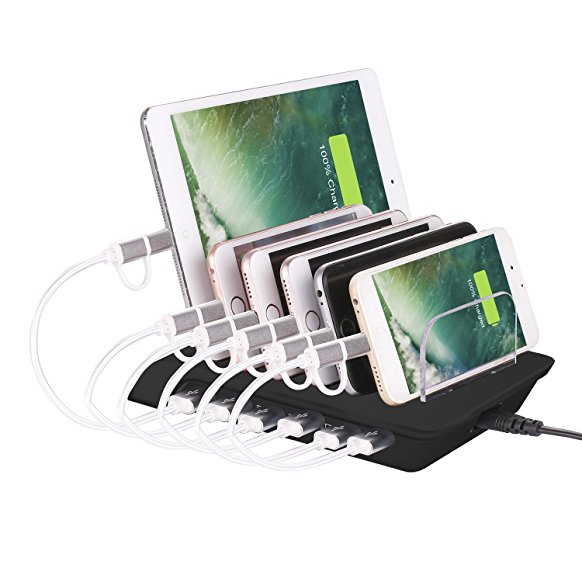 Premium Electronic Charging Station Dock & Organizer With Fast Battery Charger - 6 Port USB Docking Station For Cell Phones, Tablets, Gadgets & Mobile Devices Including Apple, Samsung & Android.