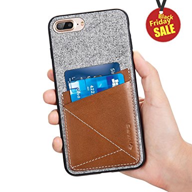 iPhone 7 Plus Case, iVAPO [Brief Business Style] Trendy Slim Protective Design, Genuine Leather Pocket [Brown] [Card Case], Premium Wool Fabric Textured Cover for Apple iPhone 7 Plus (2016) - 5.5 Inch