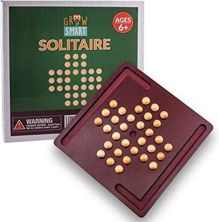 Marble Solitaire Game by GrowUpSmart | Hi-Q, Brainvita, Solo Noble Brainteaser Puzzle | Peg Wood Travel Set