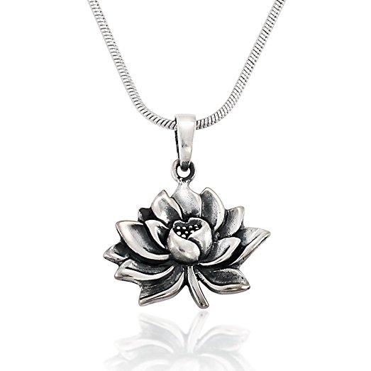 925 Oxidized Sterling Silver Antique Blooming Lotus Pendant on Alloy Necklace Chain, 16 inches