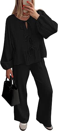 PRETTYGARDEN Womens 2024 Fall Two Piece Outfits Tie Front Long Sleeve Top Wide Leg Pant Lounge Sets Cute Matching Loungewear