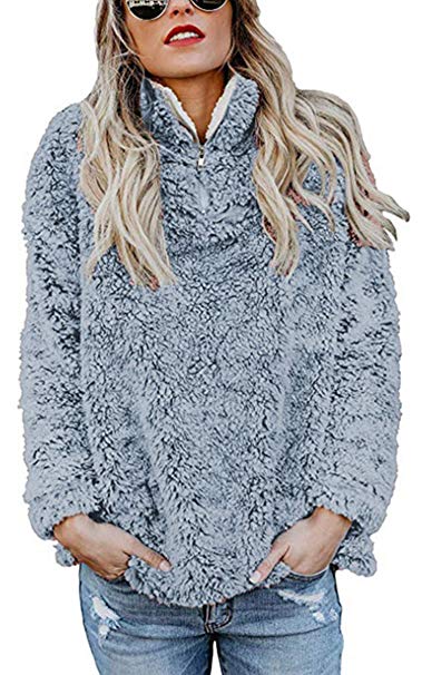 Angashion Womens Sweatshirt - Long Sleeve 1/4 Zip Up Faux Fleece Pullover Hoodies Coat Tops Outwear with Pocket