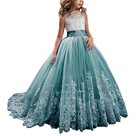 WDE Princess Lilac Long Girls Pageant Dresses Kids Prom Puffy Tulle Ball Gown
