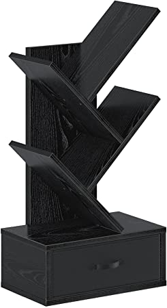 Rolanstar Tree Bookshelf with Drawer, 3 Shelf Bookcase, Retro Wood Storage Rack for CDs/Movies/Books, Utility Organizer Shelves for Living Room, Bedroom, Home Office Black