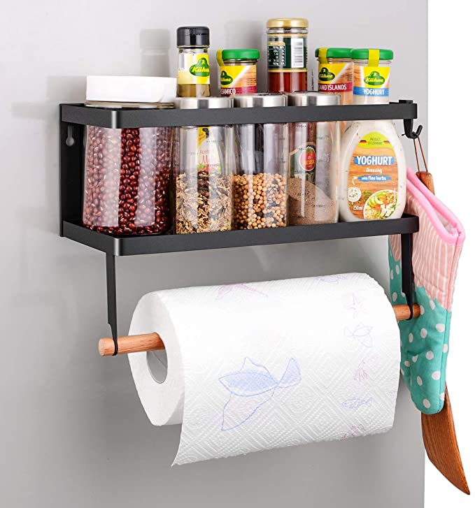 Refrigerator Spice Storage Shelf - Magnetic Fridge Spice Rack Organizer Paper Towel Holder - 14.9 x13.3 x10.6 INCH,Large Weight Capacity Rustproof Spice Jars Rack, Strong Magnetic Shelf with 2 Hooks