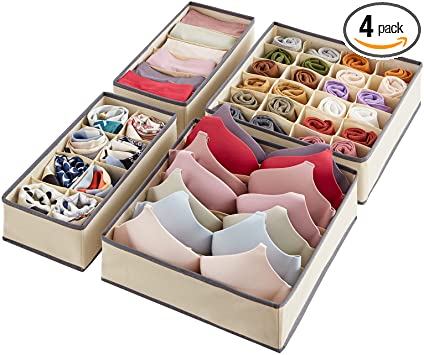 Lifewit Drawer Underwear Organizer Divider 4 Pieces Fabric Foldable Dresser Storage Basket Organizers and Storage Bins for Storing Bra, Lingerie, Undies, Beige