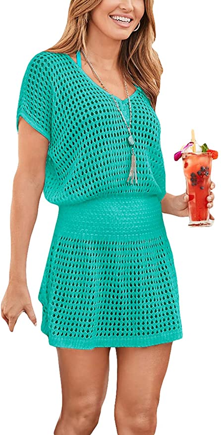 Bsubseach Women Crochet Hollow Out Swim Cover Ups Short Sleeve Beach Swimwear Tunic Dress