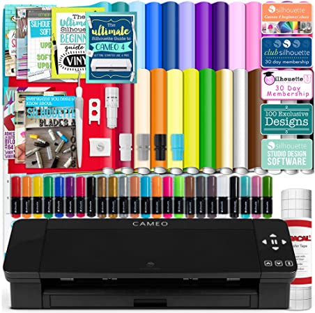 Silhouette Black Cameo 4 Starter Bundle with 26 Oracal Vinyl Sheets, Transfer Paper, Class, Guides and 24 Sketch Pens