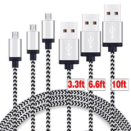 USB Cable,Micro USB Cable,[3Pack][3&6&10ft]by Ailun,High Speed 2.0 USB A Male to Micro USB Sync & Charging Nylon Braided Cable for Smartphone&Tablets,Various Lengths with 3&6&10ft [Silver&Blackwhite]