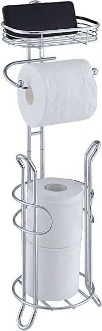 SunnyPoint Bathroom Heavyweight Toilet Tissue Paper Roll Storage Holder Stand with Reserve and Shelve, The Reserve Area Has Enough Space to Store Mega Rolls. (Chrome)