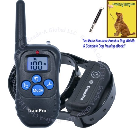 TrainPro Cobalt 330 Yard Rechargeable Waterproof Dog Collar System with 2016 Blue LCD Remote. Best for Large Medium Small Pets. Expandable for Two 2 Dogs. 2 Bonuses: e-Book and Premium Dog Whistle!!