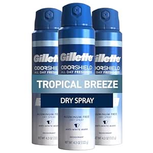 Gillette Aluminum Free Deodorant for Men, Dry Spray, Tropical Breeze, 4.3 Oz (Pack of 3)