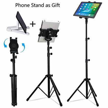 iPad Tripod Stand, LetsRun Height Adjustable Foldable Floor Tablet Tripod Stand for iPad mini, iPad Air, iPad 1,2,3,4 and all 7-10 Inch Tablets, Carrying Case and Phone Stand as Gifts