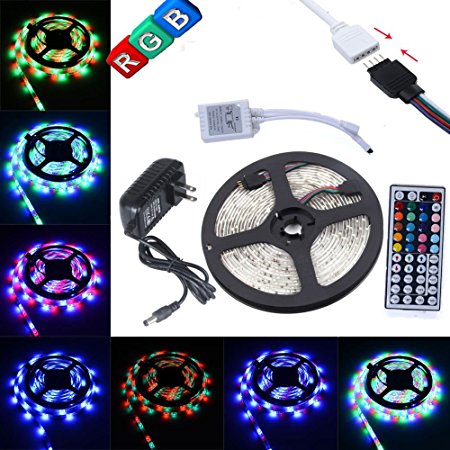 INIEIWO 5M/16.4ft 300leds Waterproof 3528 SMD RGB LED Lights, Led Light Strip Kit, Flexible String Lights with Power Supply and 44key IR Remote Controller for Indoors Halloween Christmas Led Lights