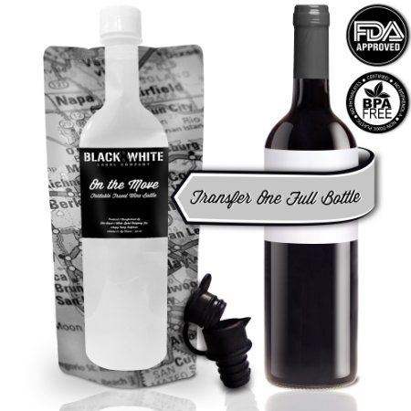 On The Move® Travel Foldable Wine Bottle Flask Wine To Go Premium Kit W/ Perfect Pour® Spout Cap Heavy Duty Plastic Collapsible Flask For Wine - Holds Full 750 ml Bottle - Single Pack