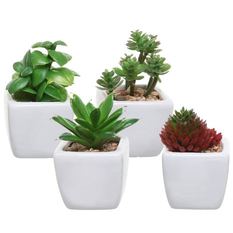 Set of 4 Small Modern Cube-Shaped White Ceramic Planter Pots with Artificial Succulent Plants - MyGift®