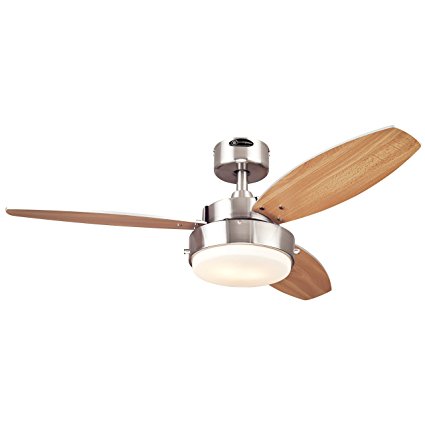 Westinghouse 7247300 Alloy Two-Light Reversible Three-Blade Indoor Ceiling Fan, 42-Inch, Brushed Nickel Finish with Opal Frosted Glass