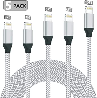 iPhone Charger,MFi Certified Lightning Cable 5-Pack 3/3/6/6/10FT Extra Long Nylon Braided USB Charging & Syncing Cord Compatible iPhone Xs/Xs Max/XR/X/8/8Plus/7/7Plus/6S/6S Plus/SE/iPad/iPod (White)