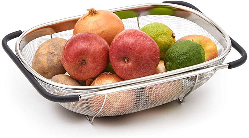 EZOWare Over the Sink Kitchen Colander, Large Fine Mesh Stainless Steel Strainer Basket with Extendable Long Grip Handles Ideal for Rinsing & Washing Fruits, Vegetables, Rice, Drain Pasta