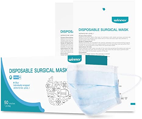 Winner Blue Disposable Mask with Earloop,Each Individually Wrapped,3-Ply, 6.7”x3.5”, 50 PCS/Box