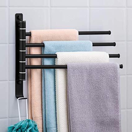 JOUBU Swivel Towel Bar, Space Saving Swinging Towel Rack for Bathroom -Wall Mounted Towel Holder Storage Organizer with Hooks,Premium SUS304 Stainless Steel,Matte Black (4-Arms)