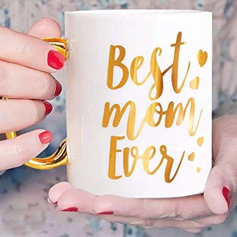 Best Mom Ever Mum Mug - Gold Handle Coffee Mug for Mom 12 oz - Ceramic Tea Cup White with Large Gold Handle, Mother's Day Gifts for Mum